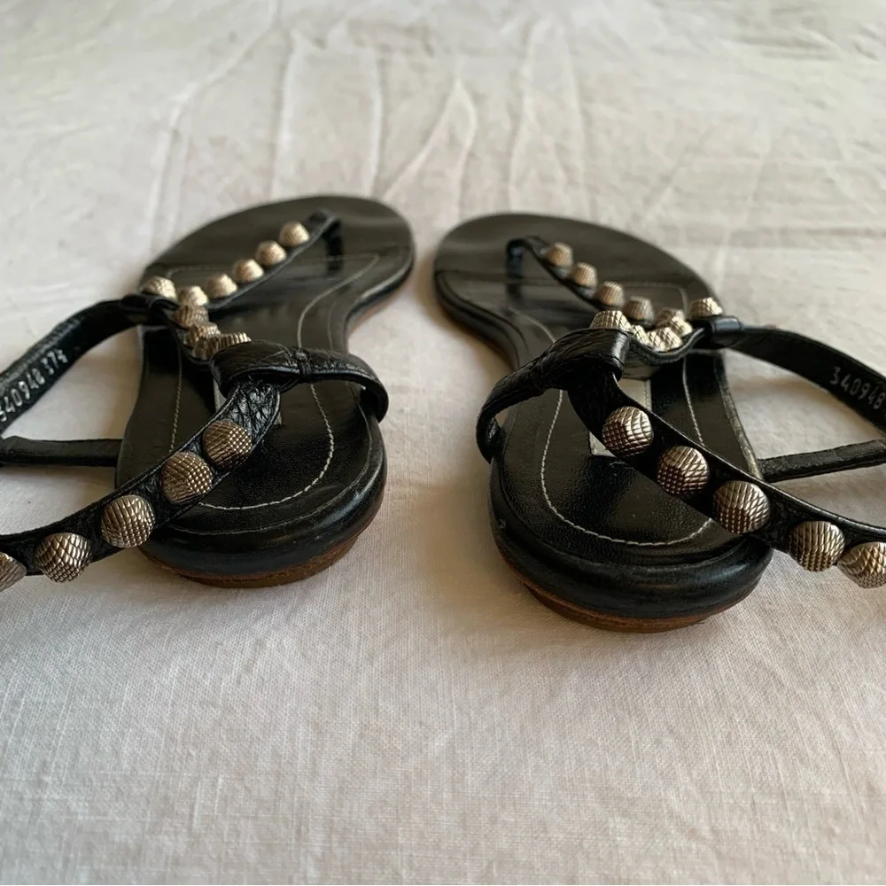 Vintage Balenciaga Arena Silver Stud Leather Thong T Sandals Black